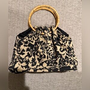 Bamboo Handle Canvas Tote / Handbag – Black & Tan Abstract Print